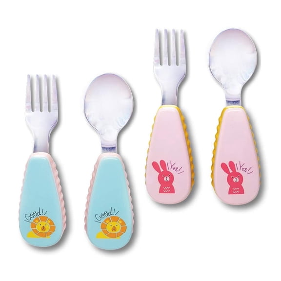 KitchenDaily Toddler Utensils Stainless Steel Spoon and Fork Set, Cartoon, 2 Spoons 2 Forks