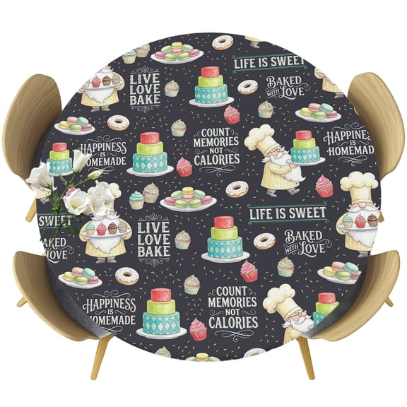Cartoon Chef Cakes Round Tablecloth 36-44 Inch Round Fitted Table Cloth with Elastic Edge, Country Funny Food Dessert Black Waterproof Table Cover Protector for Outdoor Picnic Party Dining