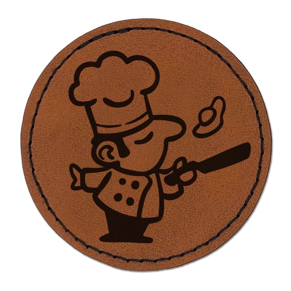 Cartoon Chef Cook Flipping Egg Kitchen Food Round Iron-On Engraved Faux Leather Patch Applique - 2.5 Inch - Brown