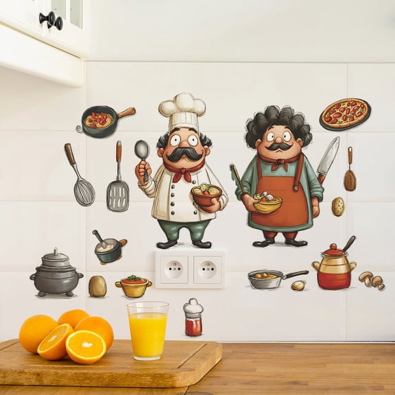 Cartoon Chef Cooking Gourmet Wall Sticker - Self-Adhesive Removable Kitchen Decoration for Home & Restaurant