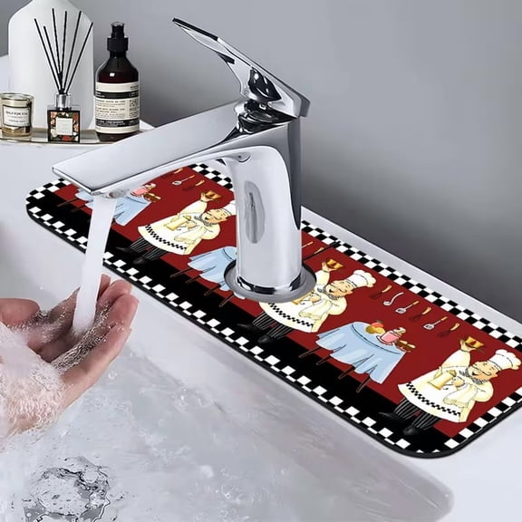 Cartoon Chef Design Faucet Draining Mat & Sink Splash Guard Pad - Waterproof Non-Slip Natural Rubber for Kitchen & Bathroom