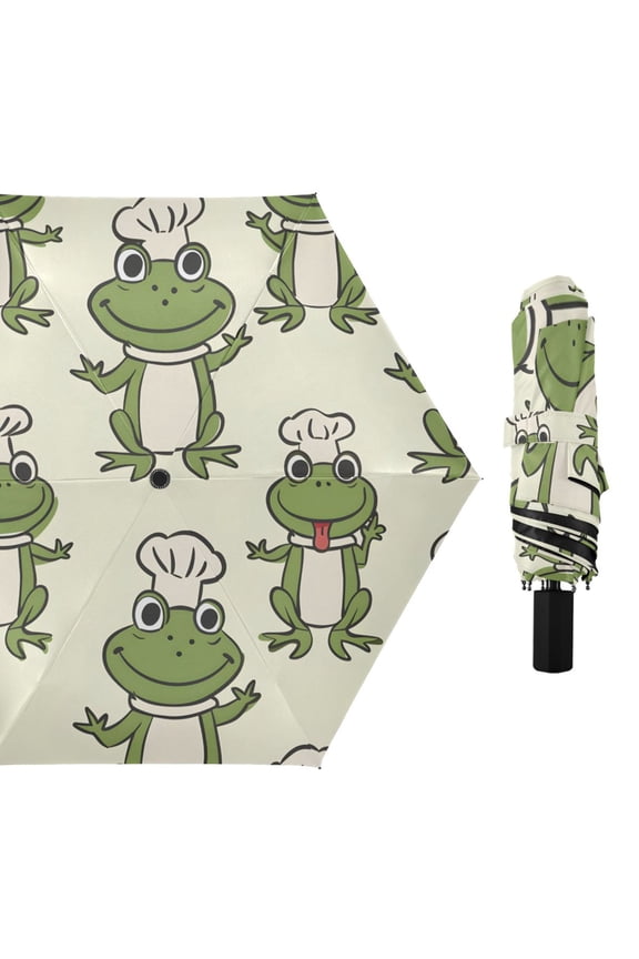 Cartoon Chef Frogs All Weather Umbrella Triple Folding Parasol 6 Ribs UV Protection Portable