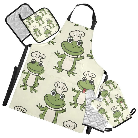 Cartoon Chef Frogs Apron Set with Oven Mitts Pot Holders Set of 5 Kitchen Stuff Accessories