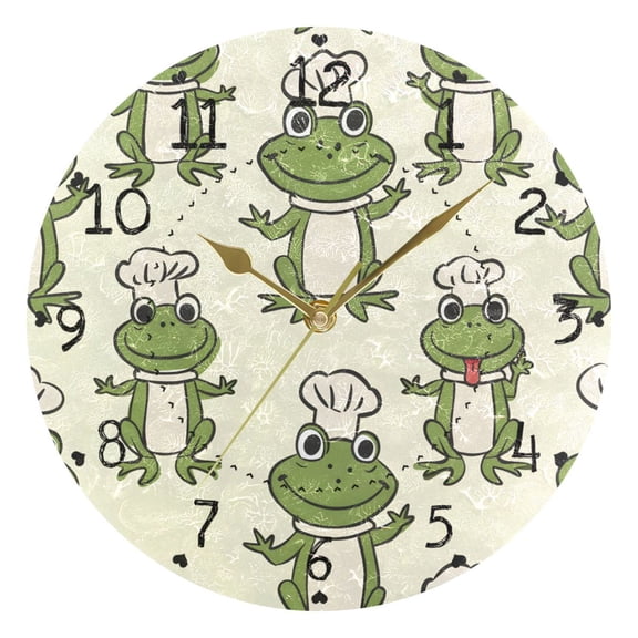 Cartoon Chef Frogs Round Wall Clock Silent Analog Battery Operated Gold Pointer Home Decor 9.84" Diameter