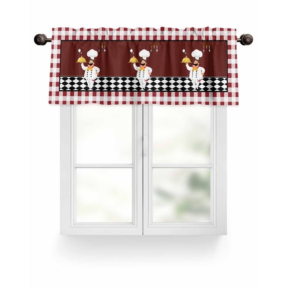 Cartoon Chef Kitchen Kitchen Valances for Windows Gourmet Rustic Farmhouse Red Plaid Valance Curtains&nbsp; for Kitchen /Living Room/Bedroom/ Bathroom Decor, 54"x18 " ,Rod Pocket 1 Panel,