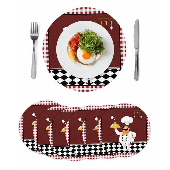 Cartoon Chef Kitchen Round Table Placemats set of 6, Gourmet Rustic Farmhouse Red Plaid Washable Woven Place Mats for Dining Tables Kitchen Party Decor,Heat Proof, 13in,