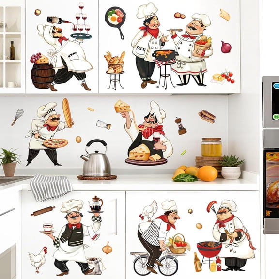 Cartoon Chef Kitchen Wall Decals Food Cooking Kitchenware Wall Stickers Kitchen Dining Room Canteen Restaurant Home Decor