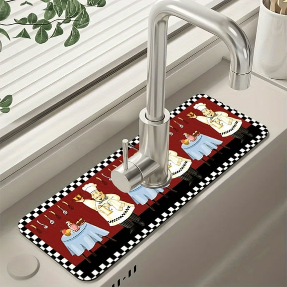 Cartoon Chef Pattern Faucet Mats for Kitchen Sink Splash Guard & Drying Mat 14.96*5.51inch38*14cm) - Quick-Dry, Non-Slip Natural Rubber, Fit for Kitchen & Bathroom Sinks, Ideal Housewarming Gift