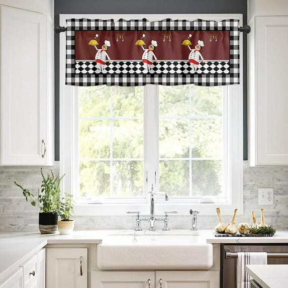 Cartoon Chef on Red Kitchen Curtains | 3 Pc Rod Pocket Tier Valance Set | Black White Check Border | Privacy Curtains for Living Room, Cafe Decor