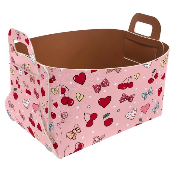 Cartoon Cherry Bows Hearts Storage Basket Collapsible Storage Bin, PU Foldable Basket Convenient Box Storage Organizer with Handles for Shelves Office Bedroom Closet Nursery Toys Laundry