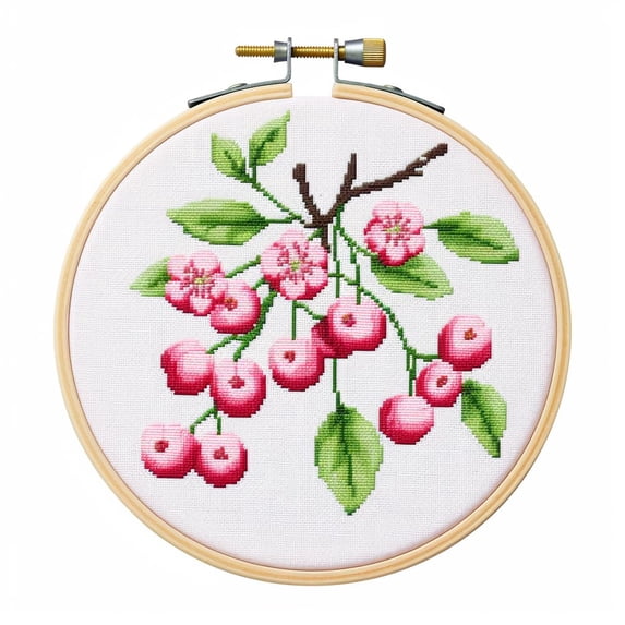 Cartoon Cherry Flower DIY 11CT Stamped Cross Stitch Kits Easy for Beginners Children with Hoop Needlepoint Counted Embroidery Kits Art Craft Wall Decoration 12x12inch(5)