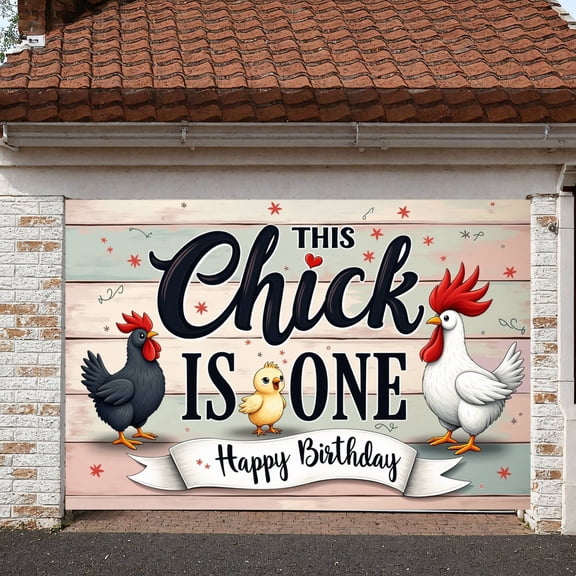 Cartoon Chick Chick Birthday Banner Wooden Background First Birthday Display Red Stars Happy Ribbon Baby Chick Backdrop for First Birthday Party Kids Celebration Baby's 1st Birthday