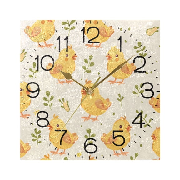 Cartoon Chick and Leaf Wall Clock 7.78" Non-Ticking Silent Battery Operated for Home Bedroom Office Kitchen Living Room(Gold)