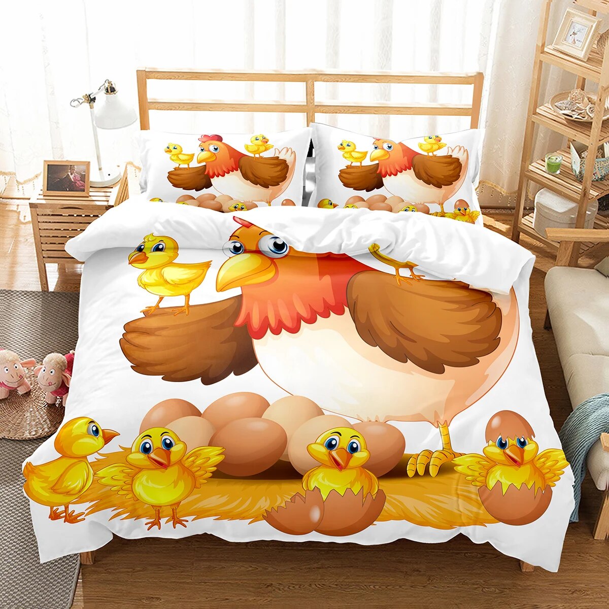 Cartoon Chicken Animal King Duvet Cover Kawaii Yellow Chick Bedding Set