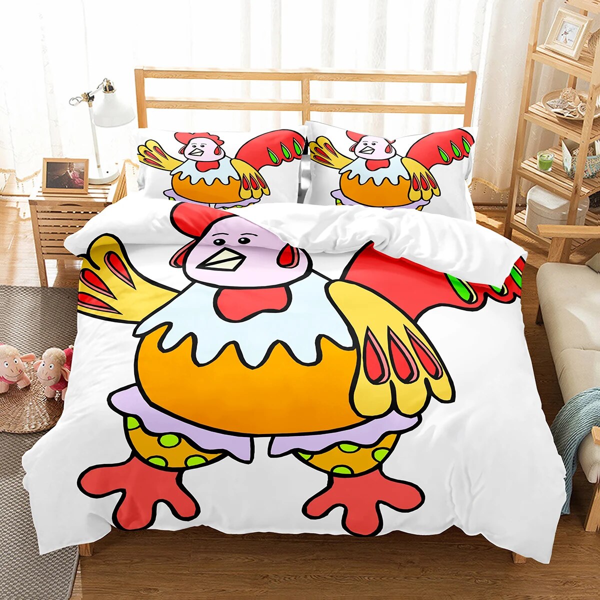 Cartoon Chicken Animal King Duvet Cover Kawaii Yellow Chick Bedding Set
