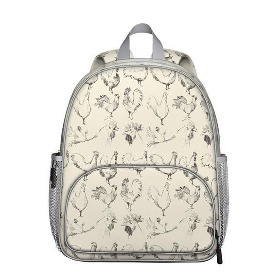 Cartoon Chicken Print Student Backpack – Farm Animal Style with Rooster, Hen, Coop, Egg, Flowers, Wildflowers, and Rustic Garden Art
