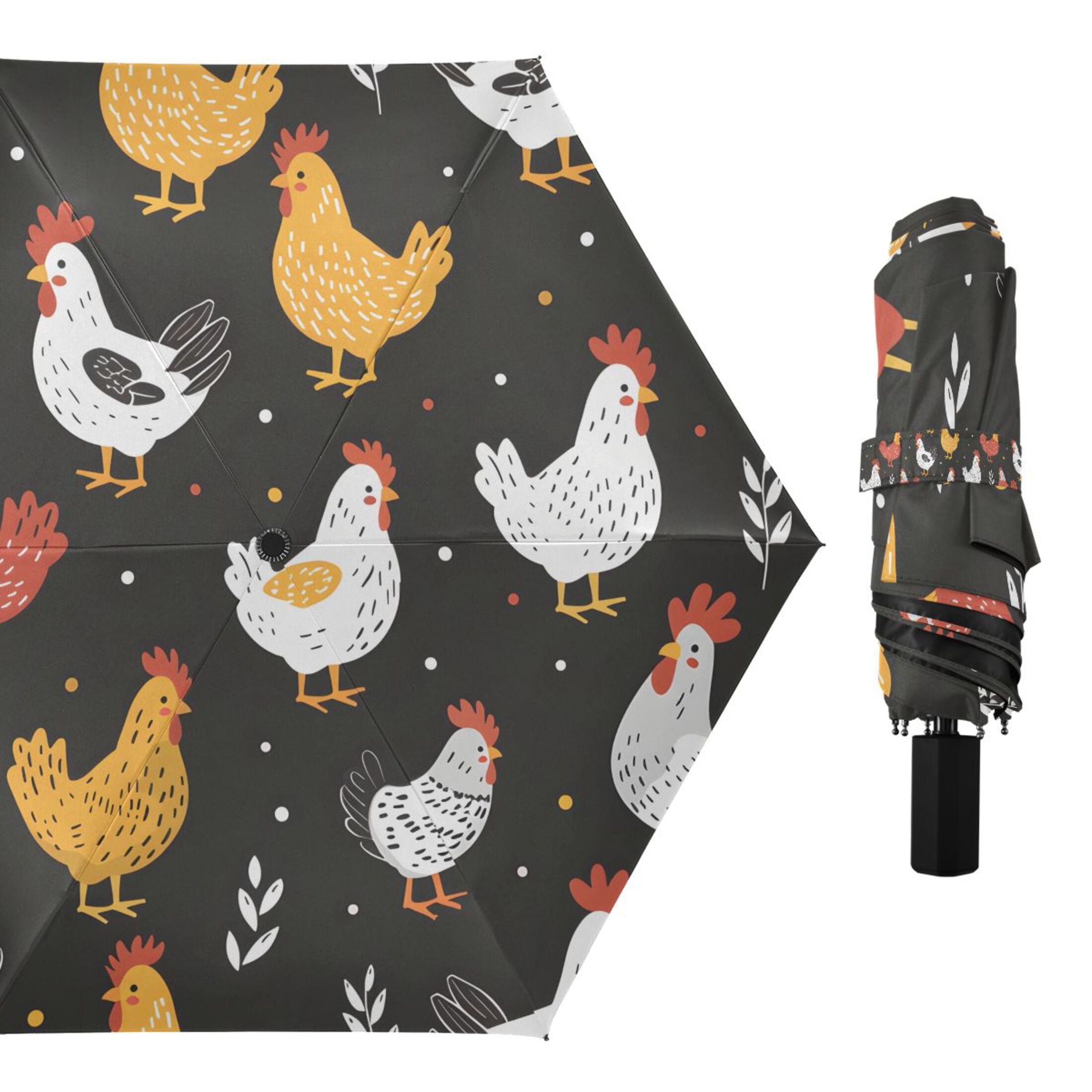 Cartoon Chicken and Leaf Compact Sun Umbrella Windproof Travel Umbrellas for Rain Strong Portable UV Protection