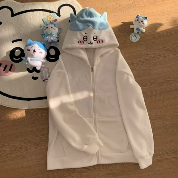 Cartoon Chiikawa Hachiware Thickened Plush Sweatshirt Jacket Spring Winter Women Warm Coat Anime Kawaii Cute Cotton Tops
