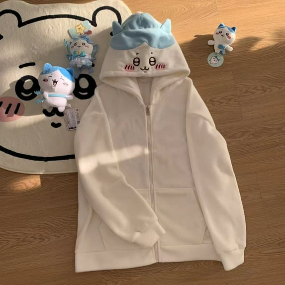 Cartoon Chiikawa Hachiware Thickened Plush Sweatshirt Jacket Spring Winter Women Warm Coat Anime Kawaii Cute Cotton Tops