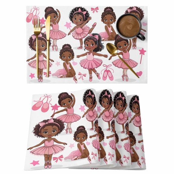 Cartoon Children Ballet Dance Placemats Set of 6,Wipeable Washable Table Mats for Dining Tables, Pink Butterflies Ballet Shoes Place Mats for Kitchen Event Party Tabletop Decor
