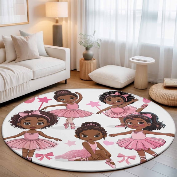 Cartoon Children Ballet Dance Round Rug 5ft Pink Butterflies Ballet Shoes Washable Area Rugs for Living Room Bedroom Entryway Non Slip Entrance Door Mat Indoor Floor Carpet