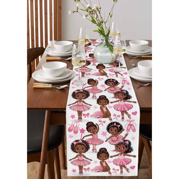 Cartoon Children Ballet Dance Table Runner 13x72in Non-Slip Cotton Linen Table Runners, Pink Butterflies Ballet Shoes Dresser Scarves TableRunner for Dinner Kitchen Dining Wedding Party