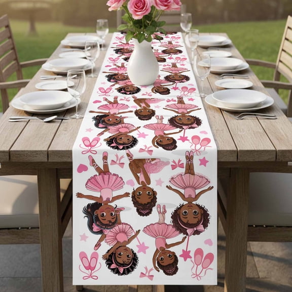 Cartoon Children Ballet Dance Table Runner 90 Inches Long,Kitchen Dining Tablerunners Pink Butterflies Ballet Shoes Linen Table Runners Dresser Scarves for Home Dinner Wedding Holiday Party Decor