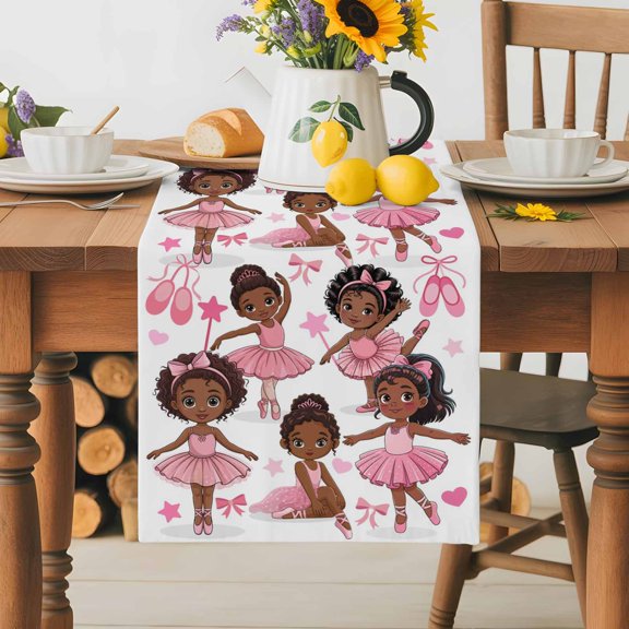 Cartoon Children Ballet Dance Table Runner Dresser Scarf,Kitchen Dining Table Decoration Pink Butterflies Ballet Shoes Linen Table Runners for Home Wedding Indoor Outdoor Party,13x70in