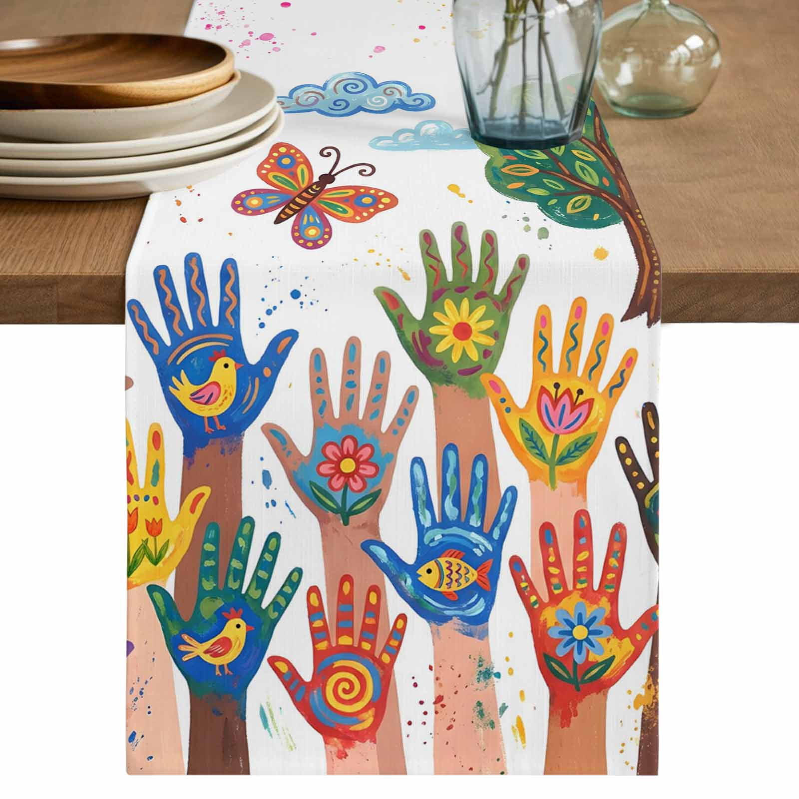Cartoon Children's Day Table Runner 36 Inches, Colorful Handprints ...