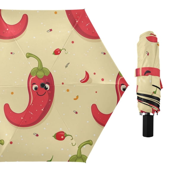 Cartoon Chilli with Happy Faces All Weather Umbrella Triple Folding Parasol 6 Ribs UV Protection Portable