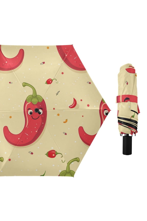Cartoon Chilli with Happy Faces All Weather Umbrella Triple Folding Parasol 6 Ribs UV Protection Portable