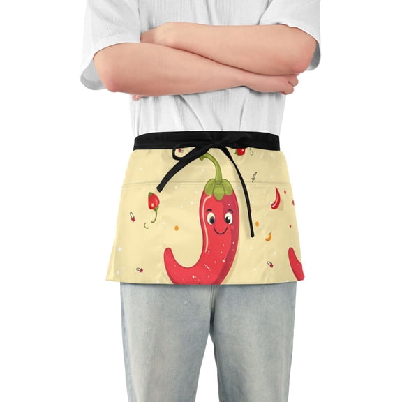 Cartoon Chilli with Happy Faces Short Server Apron with 3 Pockets for Unisex Chef Gardening