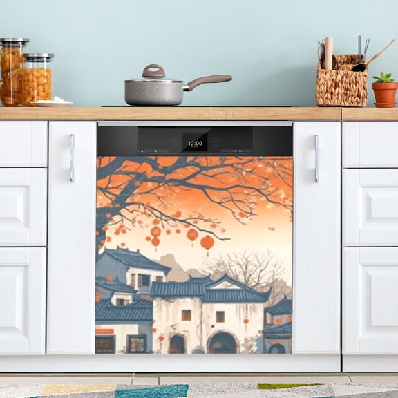 Cartoon Chinese Architecture Dishwasher Magnet Cover Reuseable Refrigerator Magnet Cover Decal Fridge Microwave Stickers Hoilday Party Decor 23 x 26 Inch
