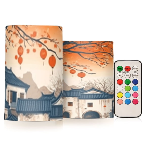 Cartoon Chinese Architecture Flickering Flameless Candles Battery Operated with Remote Timer LED Pillar Candles Set of 2