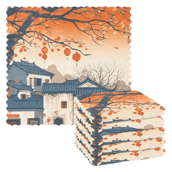 Cartoon Chinese Architecture Kitchen Cloth Dish Towels for Drying Washing Absorbent Dish Rags 6 Pack