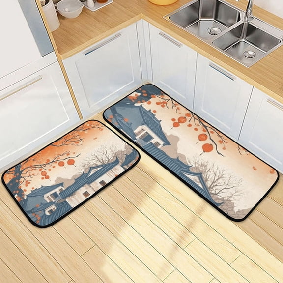 Cartoon Chinese Architecture Kitchen Mat Set of 2 Cushioned Non Slip Rugs for Bedroom Floor Runner Mats