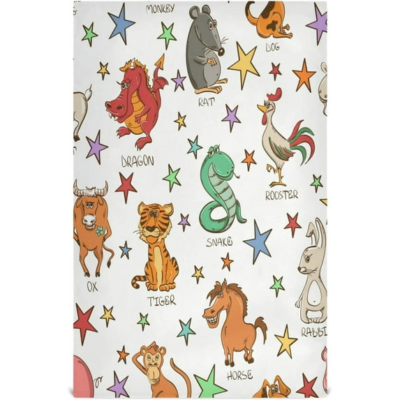 Cartoon Chinese Zodiac Animals Dish Towels Set of 4, Colorful Stars Washable Tea Towels Dishcloths Lint-Free 18x28 Inch Fast Drying for Kitchen Restaurant Bar Clean