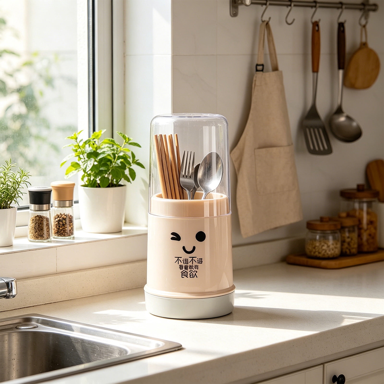 Cartoon Chopstick Holder with Dustproof Lid and Drainage Holes Cute Macaron Color Cutlery Organizer for Kitchen Countertop Tableware Storage Box
