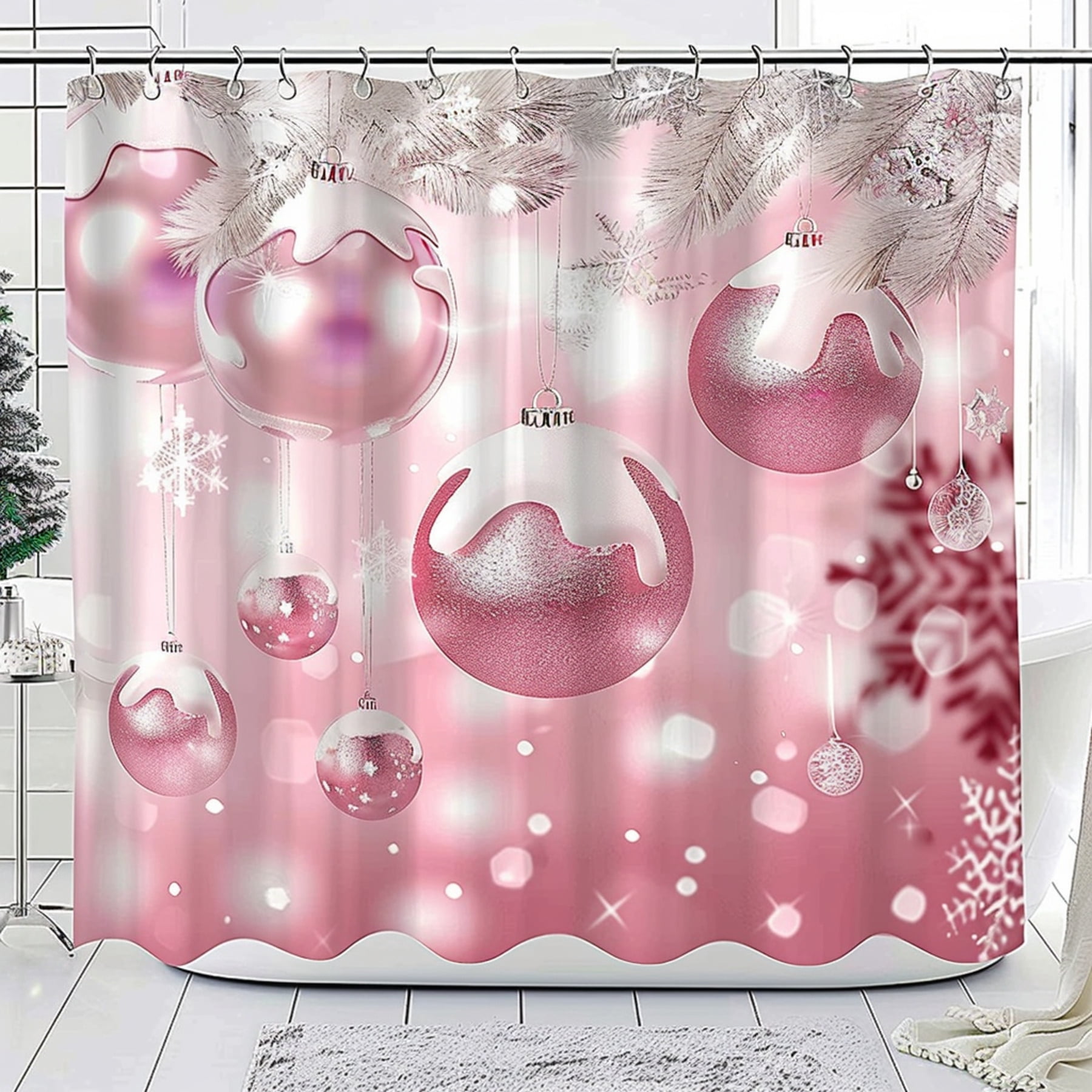 Cartoon Christmas Bathroom Decor with Pink Festive Balls and Snow