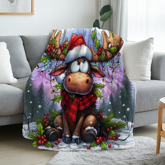Cartoon Christmas Moose Print Flannel Throw Blanket, Choose From 30 x 40, 40 x 50, 50 x 60, 60 x 80 Inches, Soft Cozy Blanket for Bed