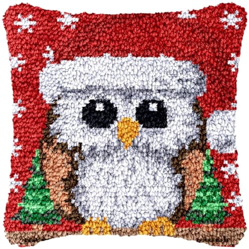 Cartoon Christmas Owl Latch Hook Pillow Kits for Beginner Needle Crochet Yarn Kits with Stamped Canvas Embroidery Cushion Hook and Latch Throw Pillow Christmas Decoration 43x43cm