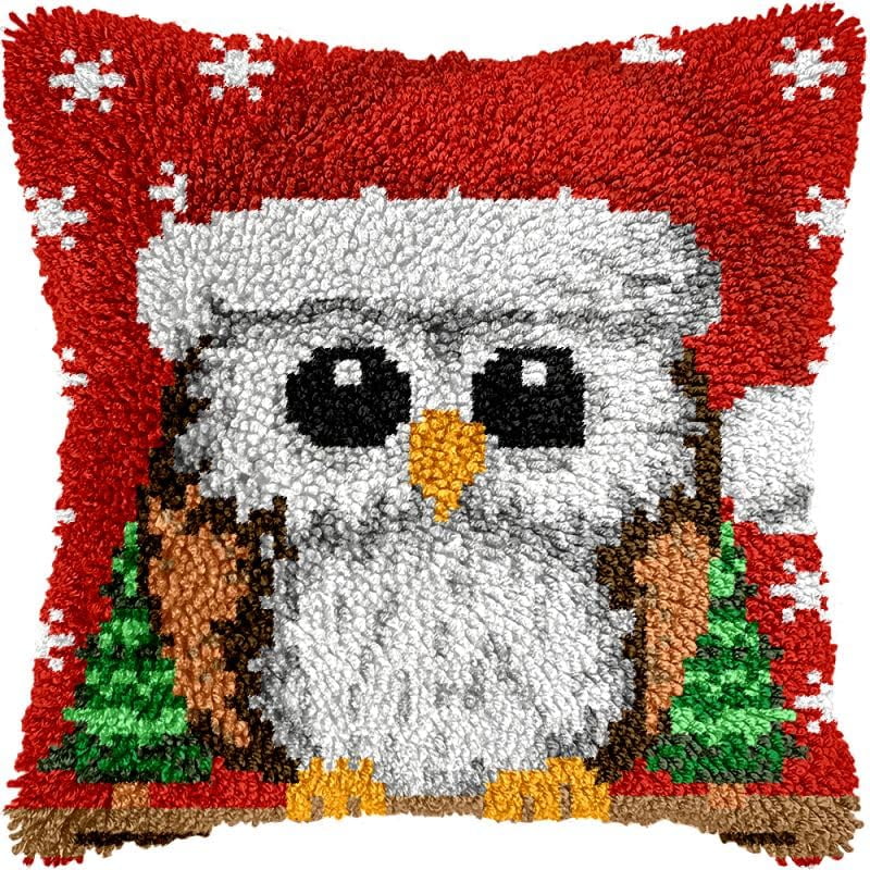 Cartoon Christmas Owl Latch Hook Pillow Kits Cushion Pillowcase with Pattern Printed Canvas Sofa Hooking Pillows Crafts Embroidery Latch Hooking Crochet Kits 17x17 inch(32)