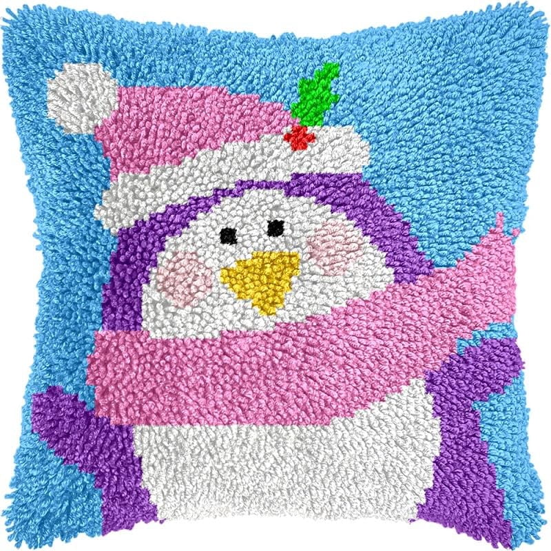 Cartoon Christmas Penguin Latch Hook Pillows Kits Cushion Pillow Cover with Pattern Printed Canvas Sofa Hooking Pillowcase Crafts Embroidery Latch Hooking Crochet Kits Set 17x17 inch(1)
