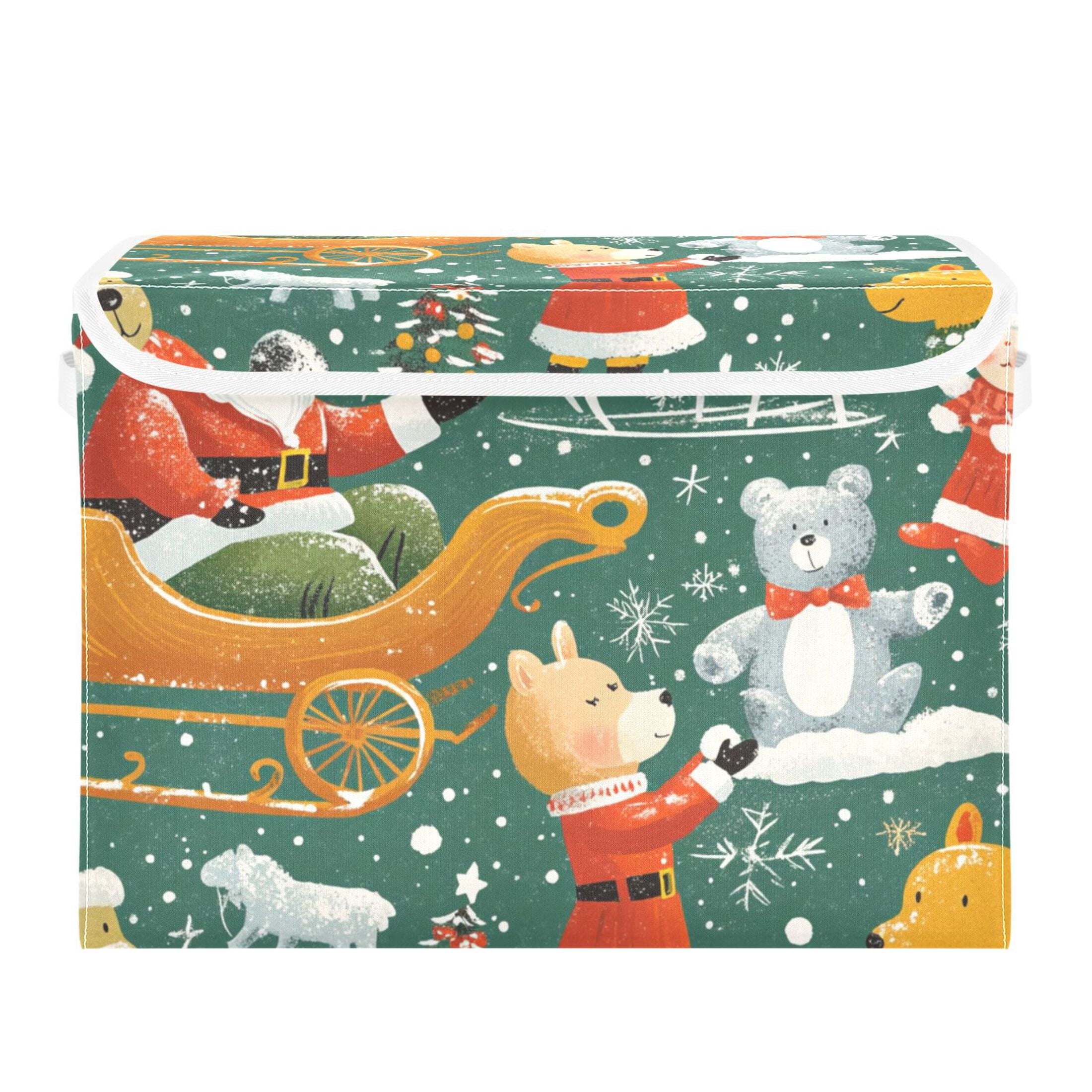 Cartoon Christmas Pictures Large Storage Bins with Linen Collapsible Lid Storage Box 16.7 x 12.6 x 11.8in