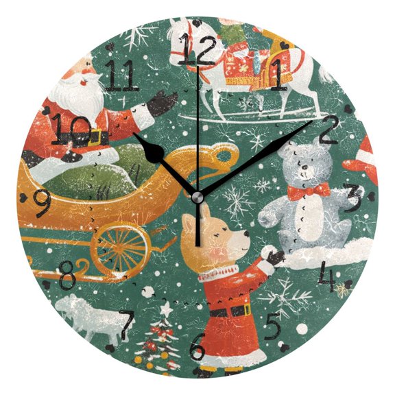 Cartoon Christmas Pictures Round Wall Clock Silent Battery Operated Home Decor for Living Room Bedroom