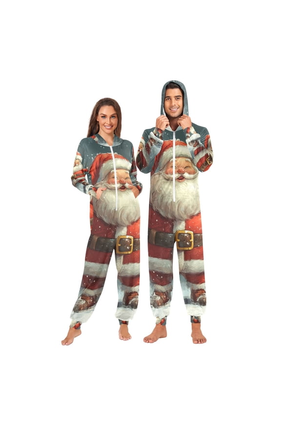 Cartoon Christmas Santa Adult Onesie Pajamas Slim Fit Christmas One Piece Suit Pjs for Women and Men Hooded Zipper