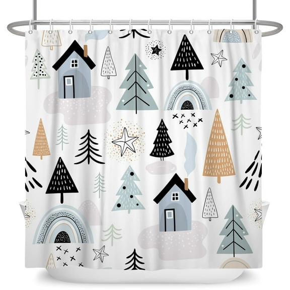 Cartoon Christmas Shower Curtain Nordic Style House Pine Tree Rainbow Pattern Home Decor Waterproof Bathroom Curtains With Hooks