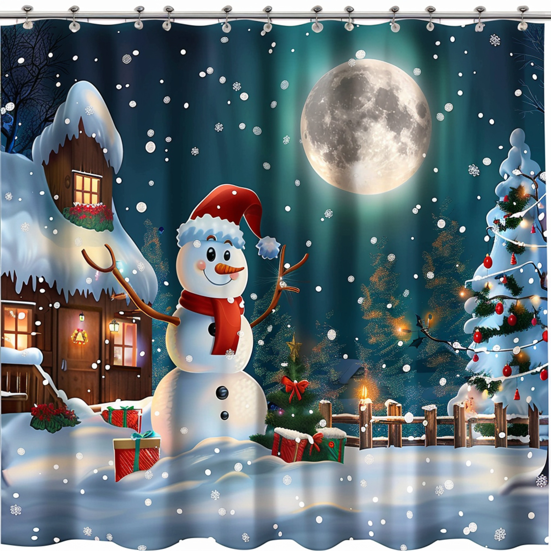 Cartoon Christmas Snowman Shower Curtain with Full Moon and Festive