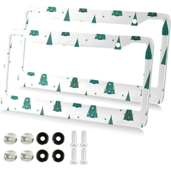 Cartoon Christmas Tree License Plate Frame - 2 Pack Universal Stainless Steel License Plate Holder with Screws & Chrome Caps, 2 Holes Car License Plate Cover for US Vehicles Home Decor