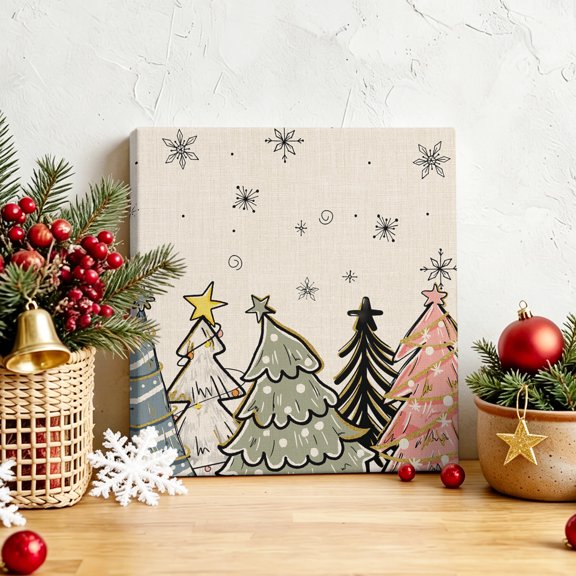 Cartoon Christmas Tree Snowflake Canvas Artwork Painting Art, Pine Trees Retro Linen Square Framed Wall Decorations Prints Picture for Bedroom Kitchen Living Room, 8x8 in